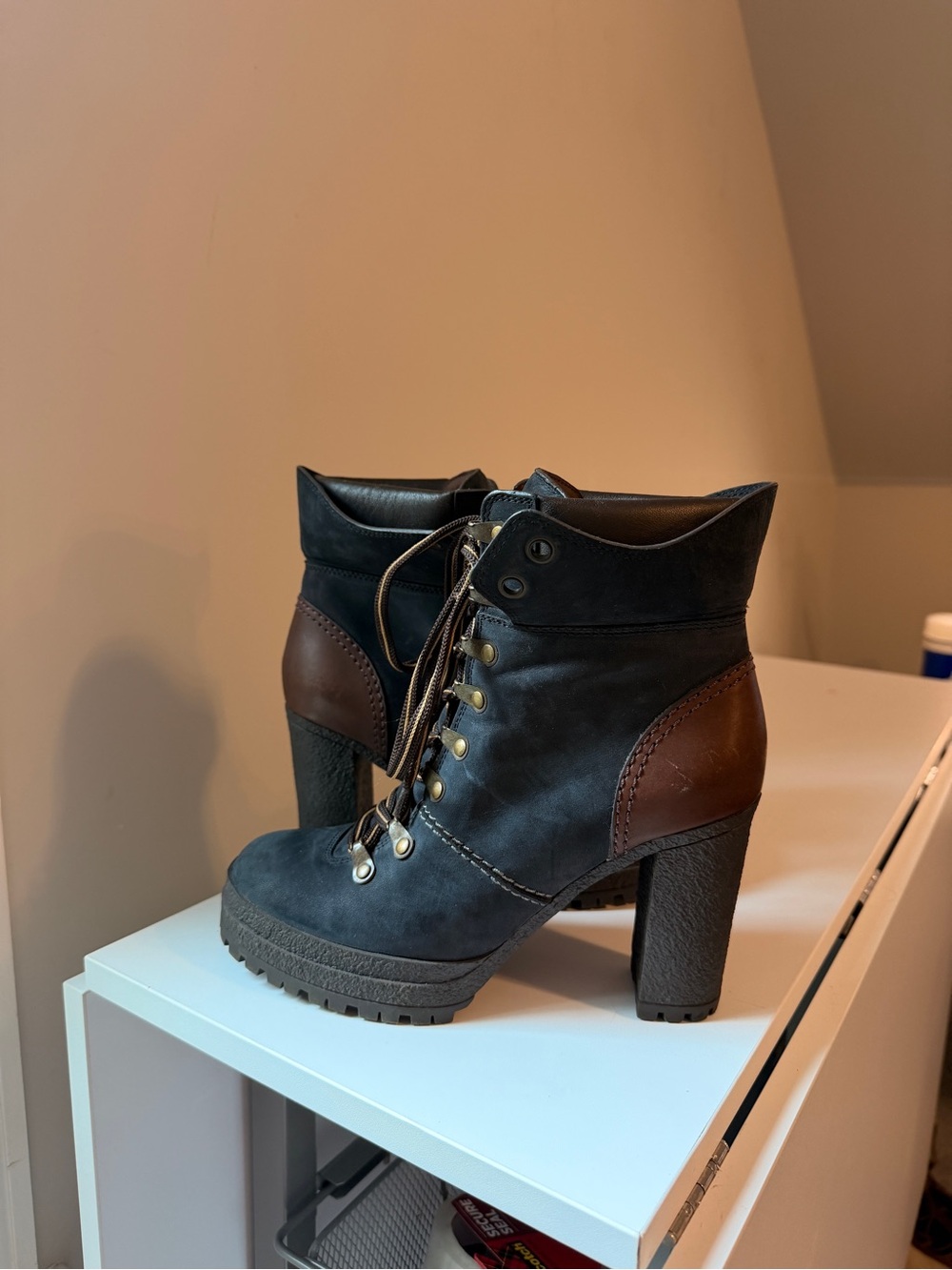 See By Chloe Black and Brown Lace-Up Chunky Heel Ankle Boots